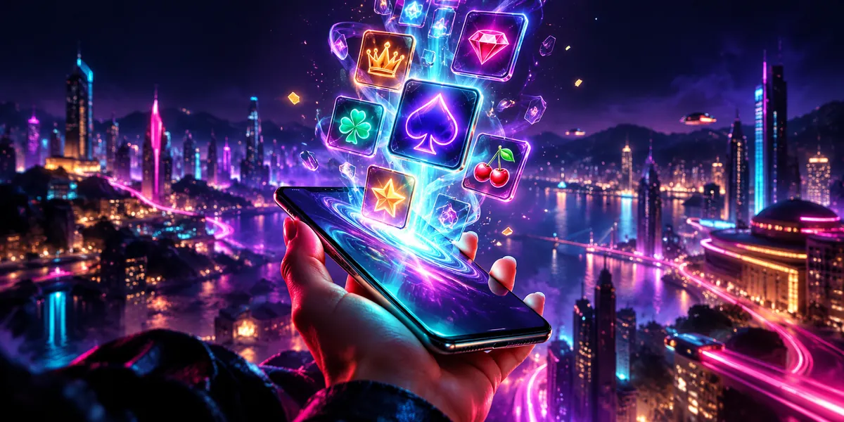 Hand holding a phone with game icons over a city — illustration