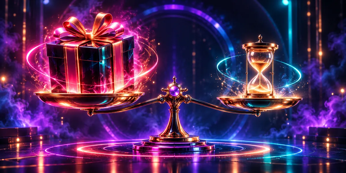 Gift box balanced against an hourglass — bonus terms illustration