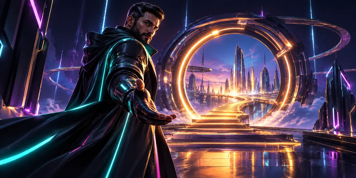 Man inviting towards a portal — contact illustration