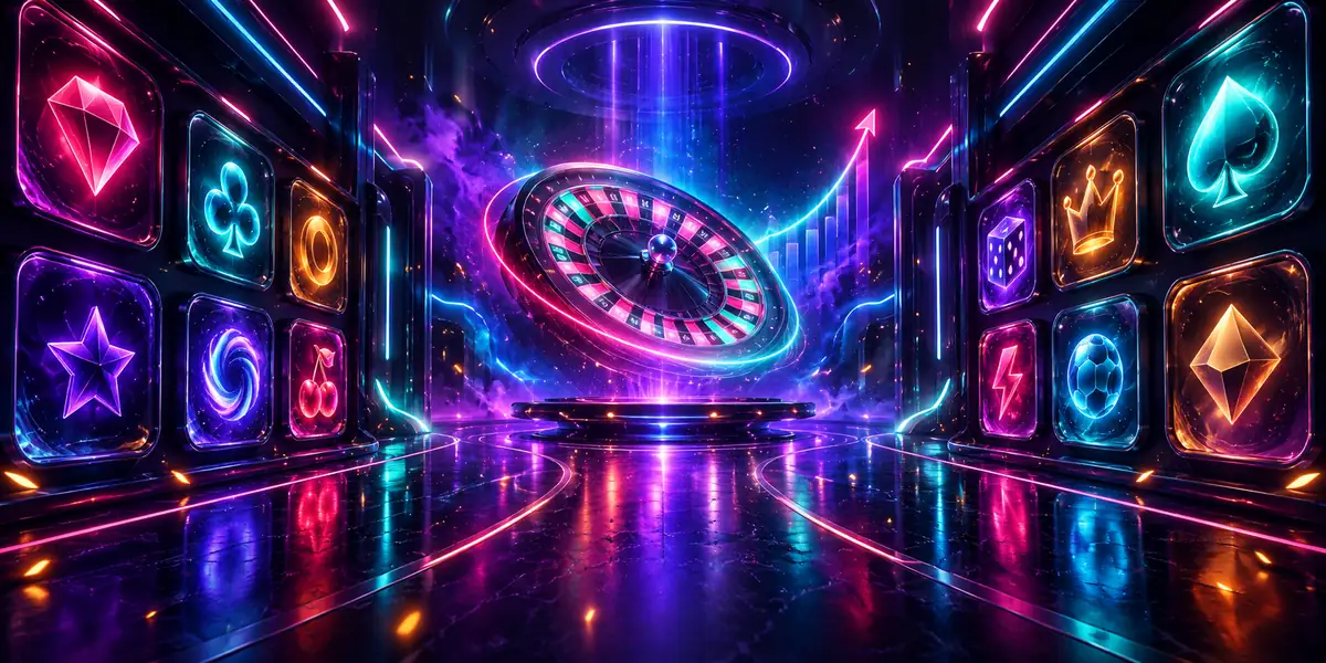 Neon corridor with game icons and a roulette wheel — illustration