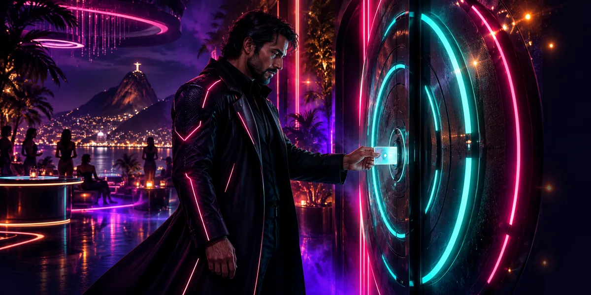 Man unlocking a neon door with a key card — illustration