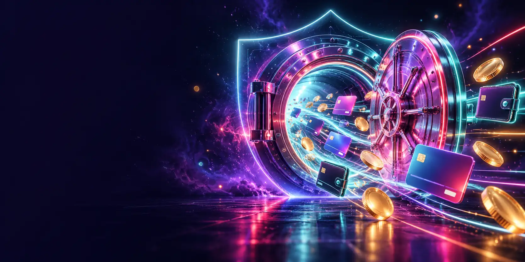 Neon vault door with cards and coins — illustration of the Xon guide